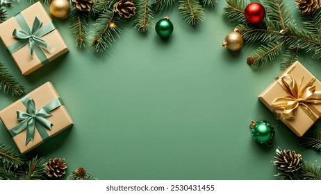 Christmas Eve concept. Top view photo of gift boxes with ribbon bows green red baubles gold star ornaments and pine branches on isolated green background with copyspace in the middle - Powered by Shutterstock