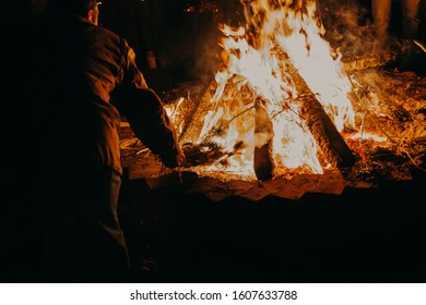 Christmas Eve Custom In Orthodox Chrisitan. Big Bright Fire At Night, Where Yule Log Burns. 