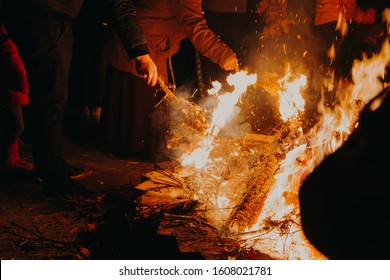 Christmas Eve Custom In Orthodox Chrisitan. Big Bright Fire At Night, Where Yule Log Burns. 