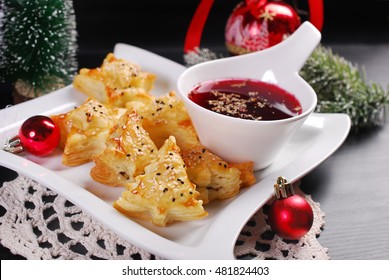 Christmas Eve Red Borscht And Puff Pastries Stuffed With Mushrooms