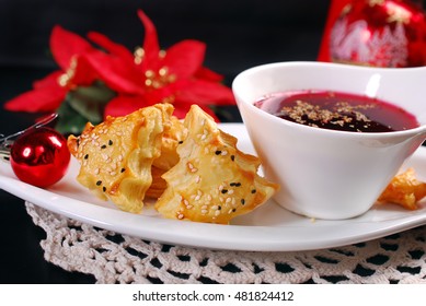 Christmas Eve Red Borscht And Puff Pastries Stuffed With Mushrooms