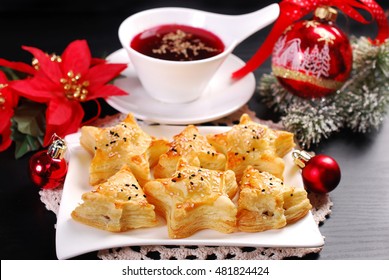 Christmas Eve Red Borscht And Puff Pastries Stuffed With Mushrooms