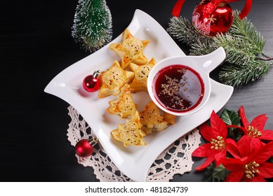 Christmas Eve Red Borscht And Puff Pastries Stuffed With Mushrooms