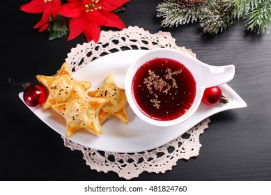 Christmas Eve Red Borscht And Puff Pastries Stuffed With Mushrooms