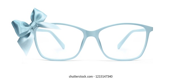 Christmas Eyeglasses Gift Card, Blue Spectacles And Blue Ribbon Bow, Isolated On White Background