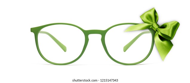 Christmas Eyeglasses Gift Card, Green Spectacles And Green Ribbon Bow, Isolated On White Background