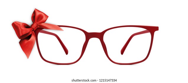 Christmas Eyeglasses Gift Card, Red Spectacles And Red Ribbon Bow, Isolated On White Background