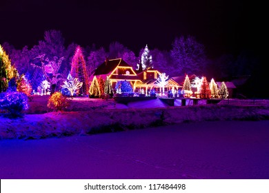 Christmas Fantasy - Park, Forest, Pine Tree & Lodge In Xmas Lights