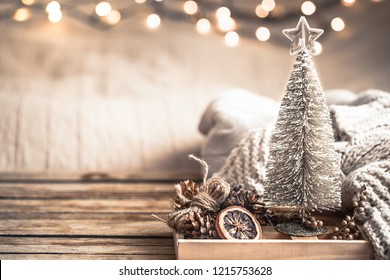 Christmas festive decor still life on wooden background, concept of home comfort and holiday