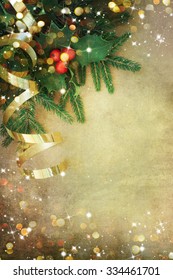 Christmas Fir Tree Border Over Vintage Background