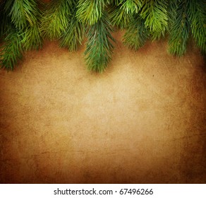 Christmas Fir Tree Border Over Vintage Background