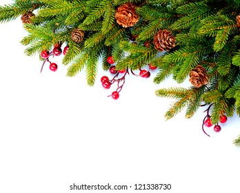 Christmas. Fir Tree. Pine Tree. Evergreen Border Design. Frame. Isolated On A White Background