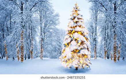 Christmas fir tree in winter forest, scene with sunlight. Christmas winter background with garland lights. Holiday festive background.  - Powered by Shutterstock