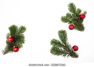 Christmas Fir twigs isolated on white background. Xmas decoration, fresh pine branch and red bauble.