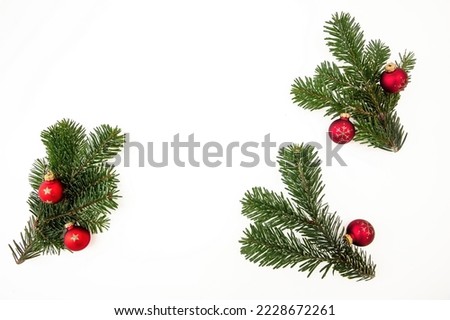 Christmas Fir twigs isolated on white background. Xmas decoration, fresh pine branch and red bauble.