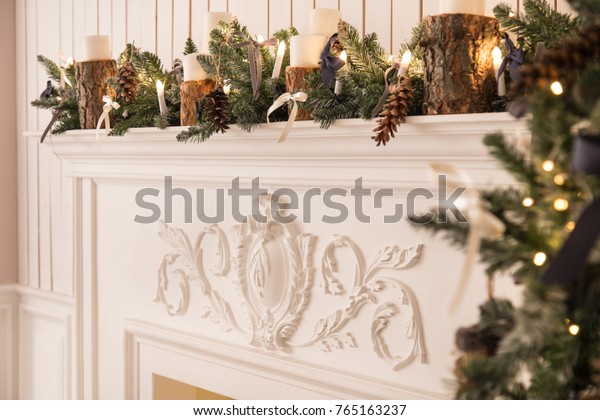 Christmas Fireplace Decorated Fir Branches Candles Stock Photo