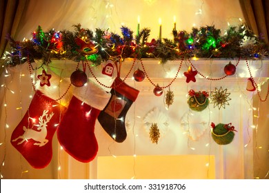 Christmas Fireplace, Family Hanging Three Socks, Xmas Lights Decoration, Tree Branches