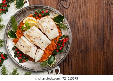 Christmas Fish. Roasted Cod Pieces, Served In Vegetable Sauce. Xmas Styling. Top View.