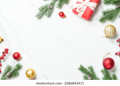Christmas flat lay background. Christmas present with decor on white with space for design.