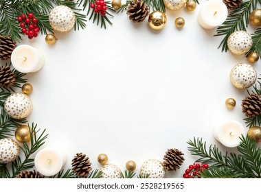 Christmas Flat Lay Border with Candles, Pine Cones, and Golden Baubles on White Background for Festive Holiday Design - Powered by Shutterstock