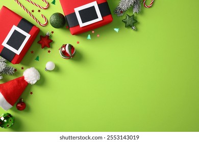 Christmas flat lay with red gift boxes, candy canes, ornaments, and a Santa hat on a vibrant green background. Perfect for holiday-themed designs, promotions - Powered by Shutterstock