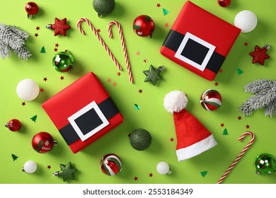 Christmas flat lay with red gift boxes, candy canes, Santa hat, and various ornaments on a green background. Perfect for holiday-themed designs, greeting cards, and seasonal promotions - Powered by Shutterstock