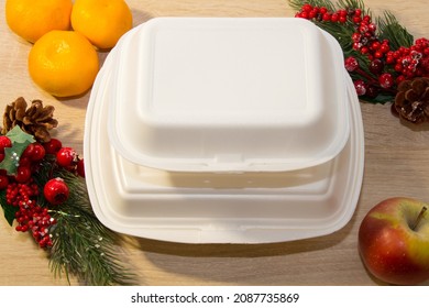 Christmas Food Delivery In A Container. New Year's Decoration For Food Delivery Service.