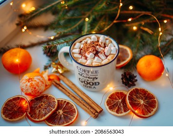 Christmas Food Flatlay Made Of Cocoa , Marshmallow, Tangerines, Orange Slices And Cinnamon