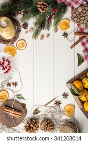 Christmas Food Frame On White Wooden Background