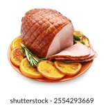 Christmas food. Tasty baked ham, oranges and vegetables isolated on white