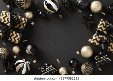 Christmas frame. Black Xmas background with striped gift boxes, luxury balls, confetti. Christmas frame, greeting card template, web banner mockup. Flat lay, top view, copy space	