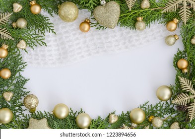 Christmas Frame With Christmas Frees And Colden Decorations,ball,snowflakes. Trendy Mock Up. Chrismas Border