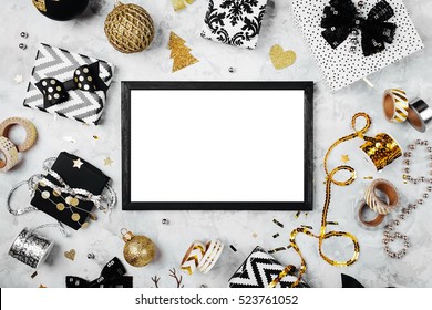 Christmas frame. Christmas gifts, bows, decor. Flat lay