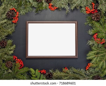 Christmas Framework With Evergreen Fir Tree, Cones,holly Berry And Frame For Photo Or Text