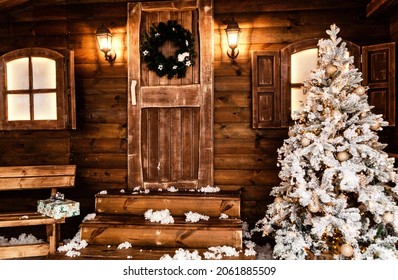 Christmas Front Door Of A Country House Background. Concept Happy Christmas, New Year, Holiday, Winter, Greetings. Photo