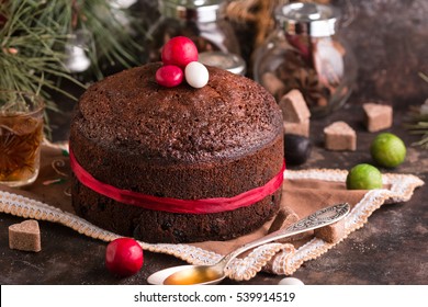 Christmas Fruit Cake. Old English Dark Fruit Cake. Classic English Cake Baked In Oven.