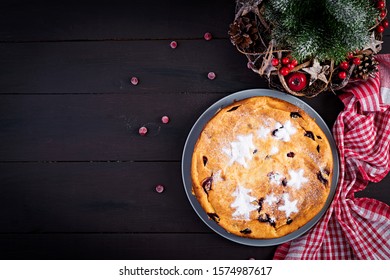 Christmas Fruit Cake, Pudding On Dark Table. Top View, Overhead, Copy Space.