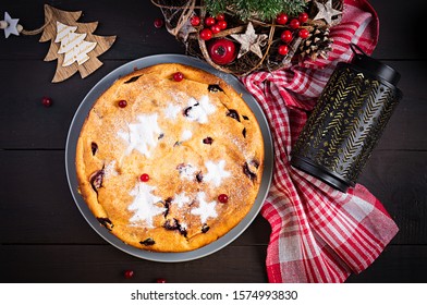 Christmas Fruit Cake, Pudding On Dark Table. Top View, Overhead, Copy Space.