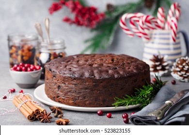 Christmas Fruit Cake, Pudding On White Plate. Copy Space. Close Up.