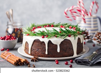 Christmas Fruit Cake, Pudding On White Plate. Close Up. Copy Space. 