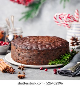 Christmas Fruit Cake, Pudding On White Plate. Copy Space. 