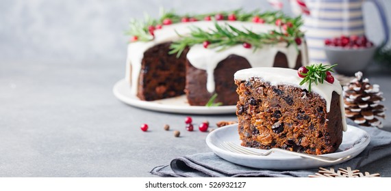 Christmas Fruit Cake, Pudding On White Plate. Close Up. Copy Space. 