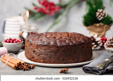 Christmas Fruit Cake, Pudding On White Plate. Copy Space. Close Up.