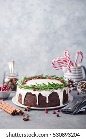 Christmas Fruit Cake, Pudding On White Plate. Copy Space.