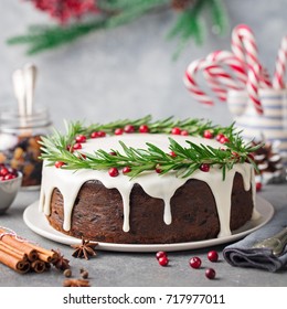 Christmas Fruit Cake, Pudding On White Plate. Close Up. Copy Space.