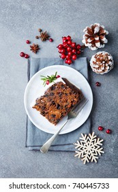 Christmas Fruit Cake, Pudding On White Plate. Top View.