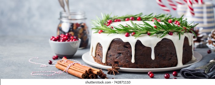 Christmas Fruit Cake, Pudding On White Plate. Close Up. Copy Space.