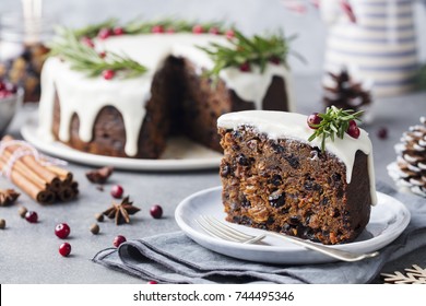 Christmas Fruit Cake, Pudding On White Plate. Christmas Decoration. Close Up.