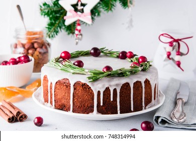 Christmas Fruit Cake, Pudding On White Plate. Copy Space.