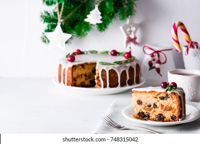 Christmas Fruit Cake, Pudding On White Plate. Copy Space.